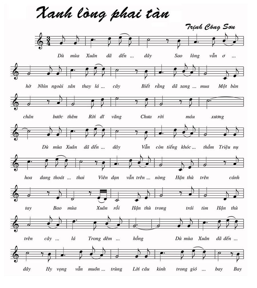 Sheet nhạc Xanh Lòng Phai Tàn